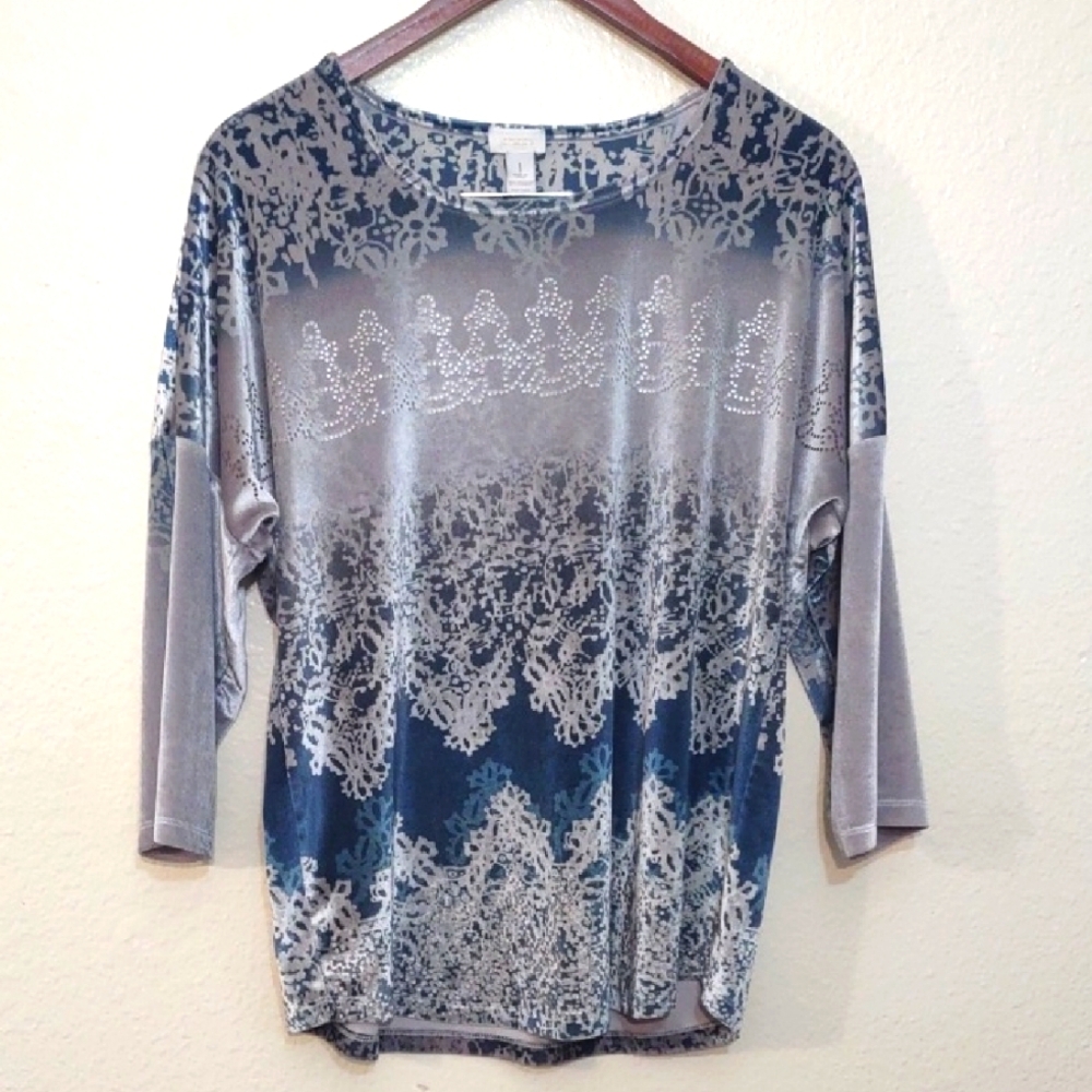 SLIGHTLY USED CHICOS 3/4 SLEEVE  CHICO SIZE 1 COLOR BLUE AND GRAY